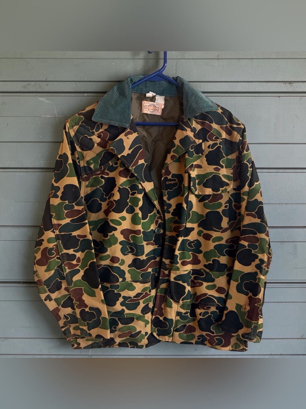 Vintage 70s SafTBak Duck Camo Hunting Corduroy Collar Utility Jacket Size 43 XL